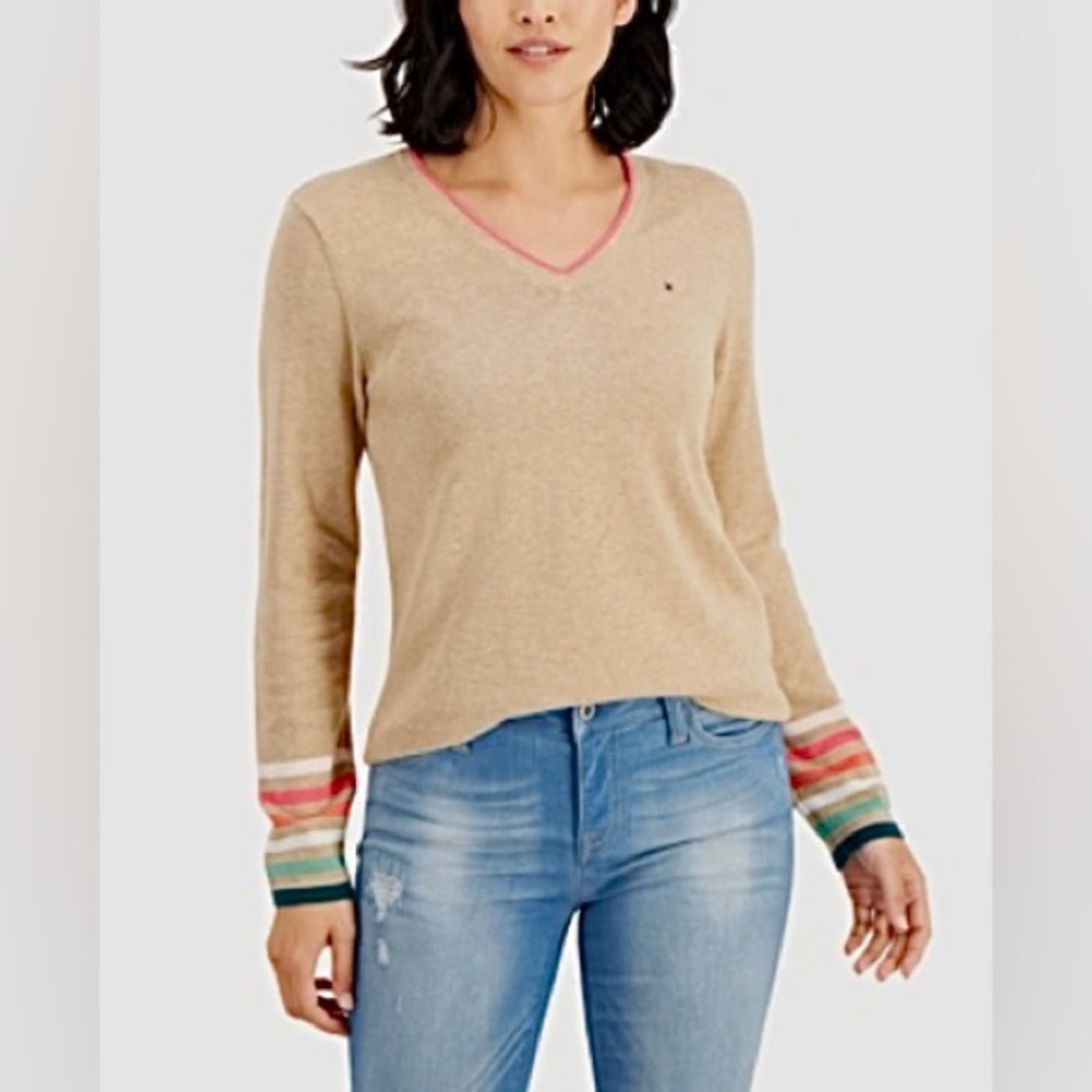100% Cotton TOMMY HILFIGER Fine Gauge V Neck Tan Tennis Sweater with Pink Trim